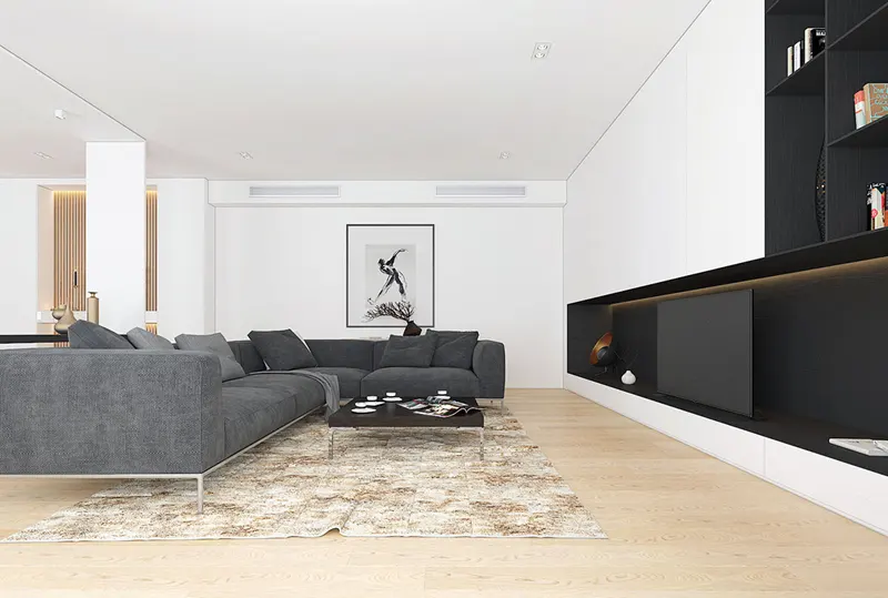 Tủ tivi thấp có cùng màu sắc với ghế sofa