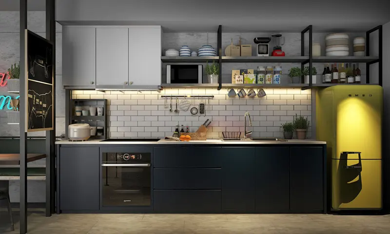 Bếp nấu bao gồm một bức tường màu đen- trắng được chiếu sáng bằng đèn tường