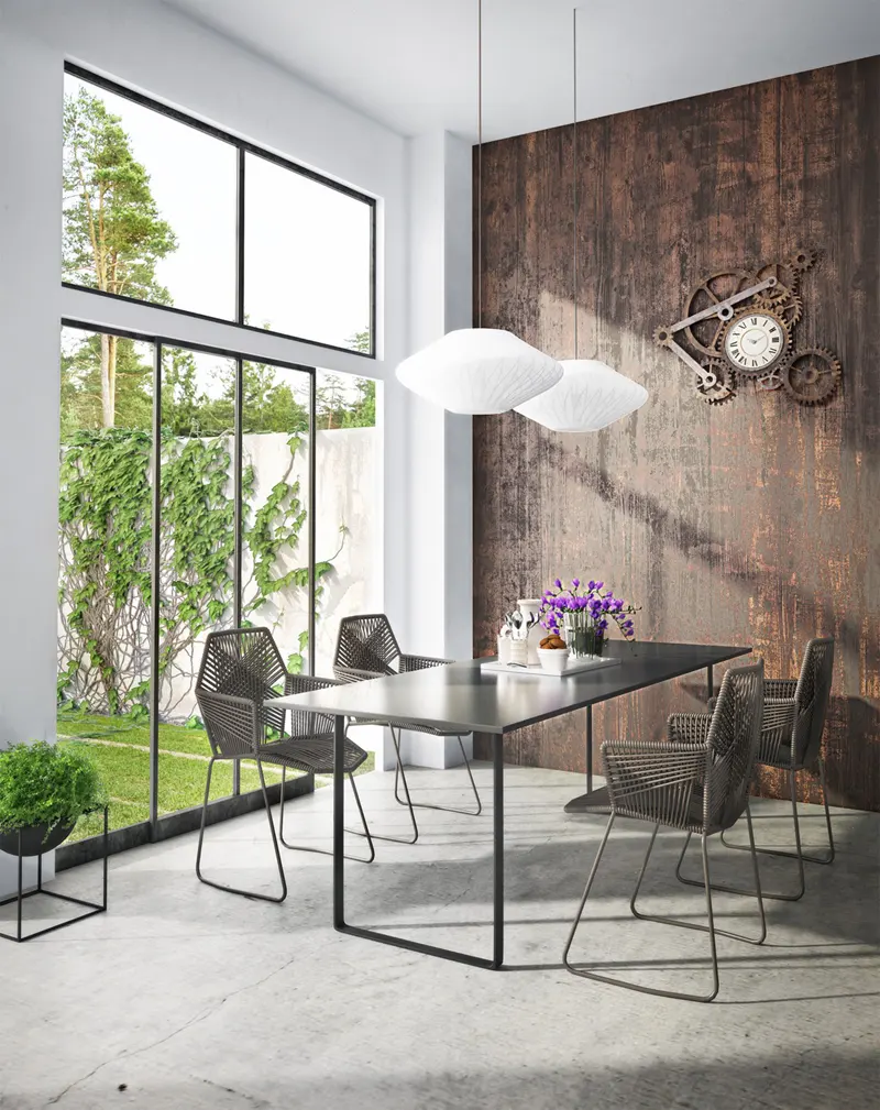 Bàn ghế ăn hiện đại tạo độ tương phản cần thiết với bức tường gỗ mộc mạc đối diện.