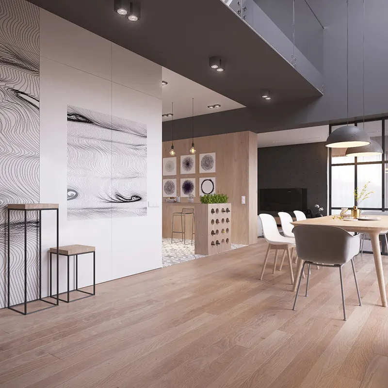 Nhà bếp ngăn cách khu vực ăn uống bằng kệ rượu gỗ