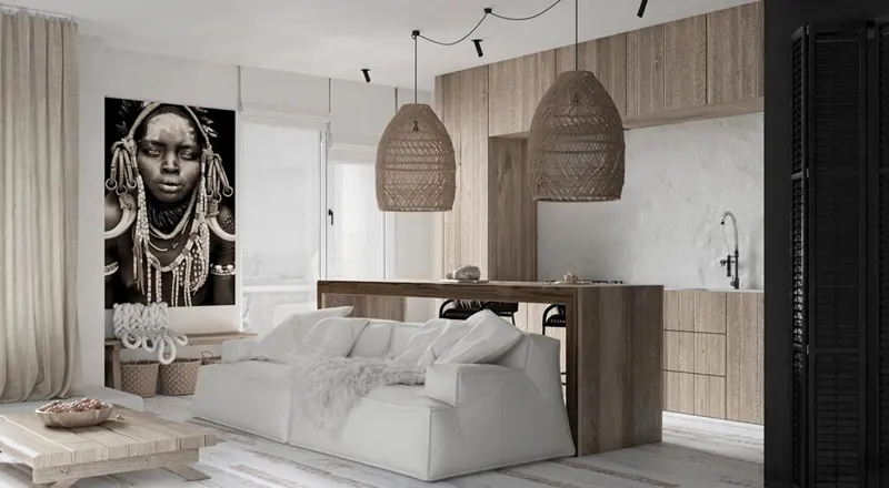 Ngôi nhà sang trọng này có một chiếc ghế ăn bằng gỗ nhét gọn gàng phía sau ghế sofa, cùng với những chiếc ghế bar màu đen tương phản.