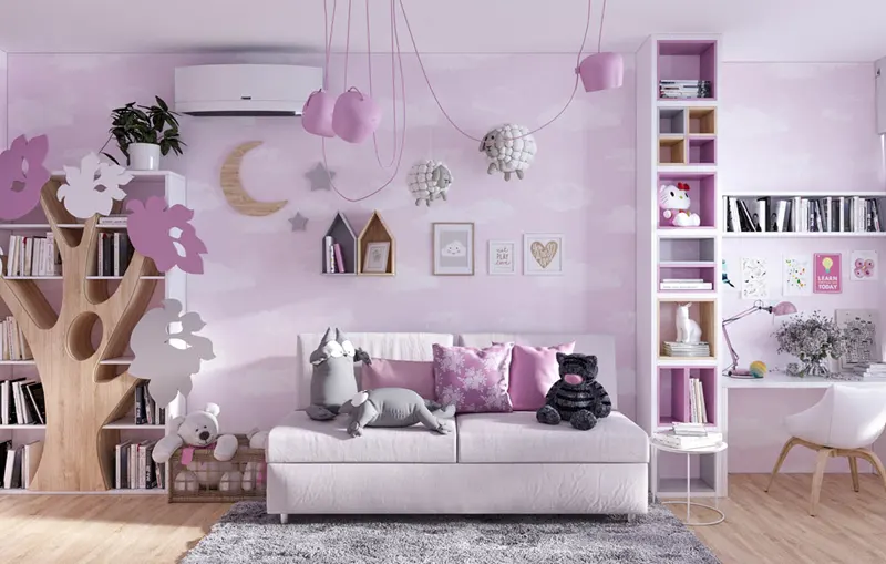 Lấy màu hồng và trắng làm chủ đạo, căn phòng có cây, các con vật được bày trên ghế, trưng bày trong giá sách sẽ giúp trẻ cảm thấy gần gũi với cảnh vật thiên nhiên hơn.