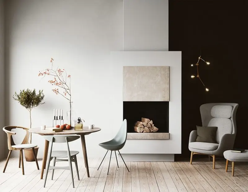 Phòng ăn được thiết kế độc đáo, khác lạ khi có thêm lò sưởi.