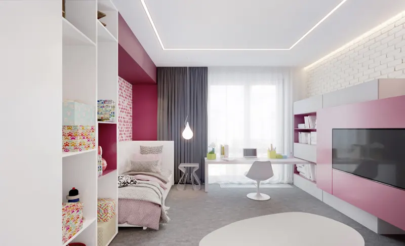 Căn phòng có mầu hồng pha trắng làm chủ đạo. Chiếc tivi được kê đối diện với giường ngủ sẽ giúp trẻ vừa nằm vừa xem các chương trình truyền hình.