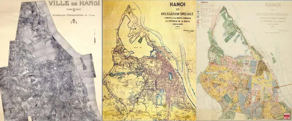 Từ trái: bản đồ không ảnh Hà Nội 1935; bản đồ thực trạng 1941 và bản đồ quy hoạch do KTS. Louis-Georges Pineau  thực hiện, công bố 1943