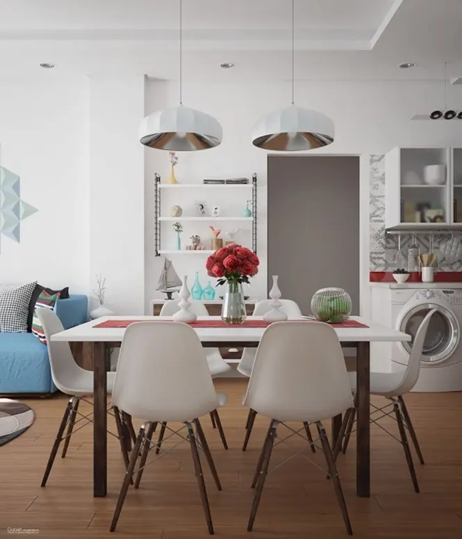 Hai chiếc đèn được treo từ trên trần nhà rủ xuống là điểm nhấn cho phòng ăn