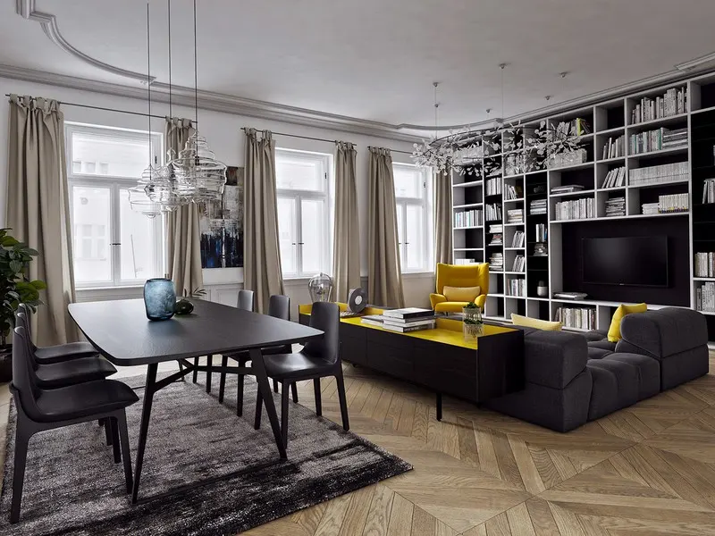 Bộ bàn ghế sofa có ghế, mặt bàn màu vàng chanh đã góp phần tô điểm cho căn phòng có các vật dụng với màu sắc tương phản.