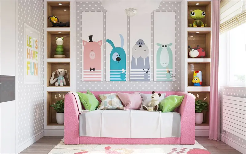 Với chiếc tủ có hình các con vật sẽ giúp trẻ hứng thú mỗi khi bước vào phòng.