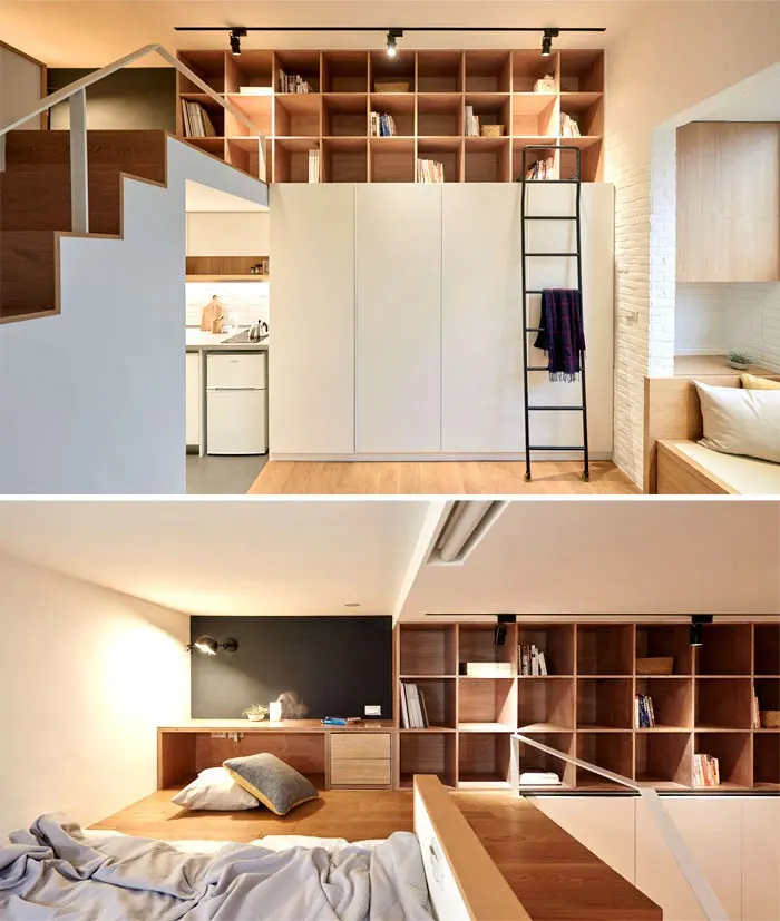 Thiết kế của studio A Little Design đến từ Đài Loan giúp tối ưu hóa căn hộ siêu nhỏ rộng 22m2. Tầng lửng của căn hộ được sử dụng hết cỡ với cầu thang dẫn đến bệ giường, giá sách và các ngăn lưu trữ tô điểm cho các bức tường, một bàn làm việc siêu nhỏ được bài trí rất duyên dáng trong không gian này.