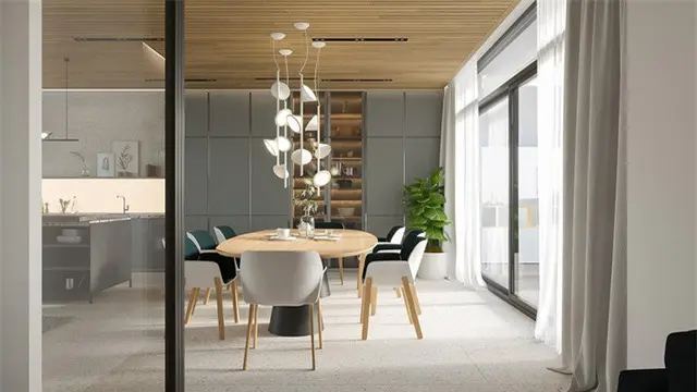 Đèn hình nón xếp tầng đánh dấu sự trở lại ấn tượng của nội thất gỗ trong khu vực phòng ăn.
