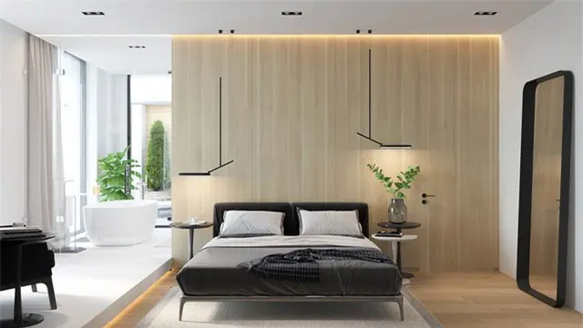 Bức tường bằng gỗ đặt đầu giường tạo sự liền mạch trong thiết kế