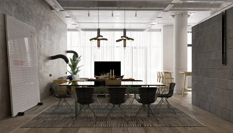 8 chiếc ghế ngồi ôm trọn bàn ăn màu xanh hiện đại.
