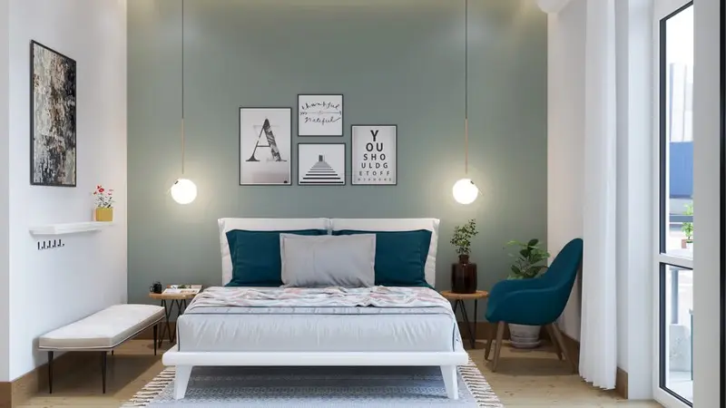 Chiếc ghế màu xanh dương giúp căn phòng trông sinh động hơn nhiều