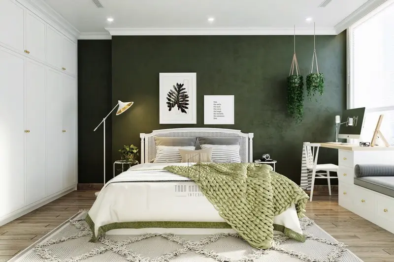 Xanh và trắng là kiểu trang trí thường thấy trong những mẫu nội thất phòng ngủ chủ đề về thiên nhiên