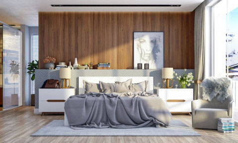 Trang trí phòng ngủ bằng tường gỗ ấn tượng