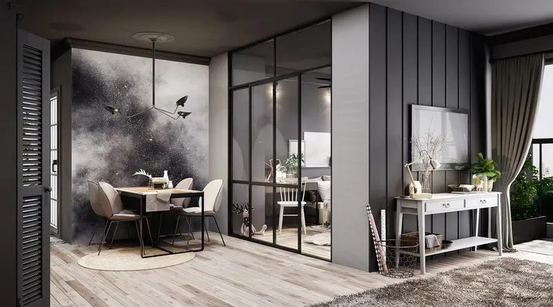 Bức tranh mây đen vần vũ được sử dụng cạnh bàn ăn, thể hiện gu thẫm mỹ độc đáo của chủ nhân