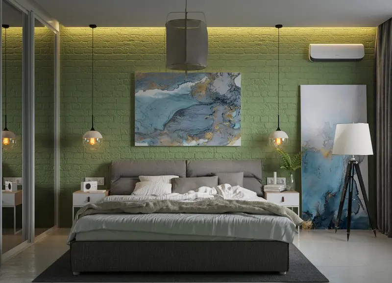 Màu xanh lá cây sơn trên gạch thô mang lại thêm chiều sâu cho thiết kế phòng