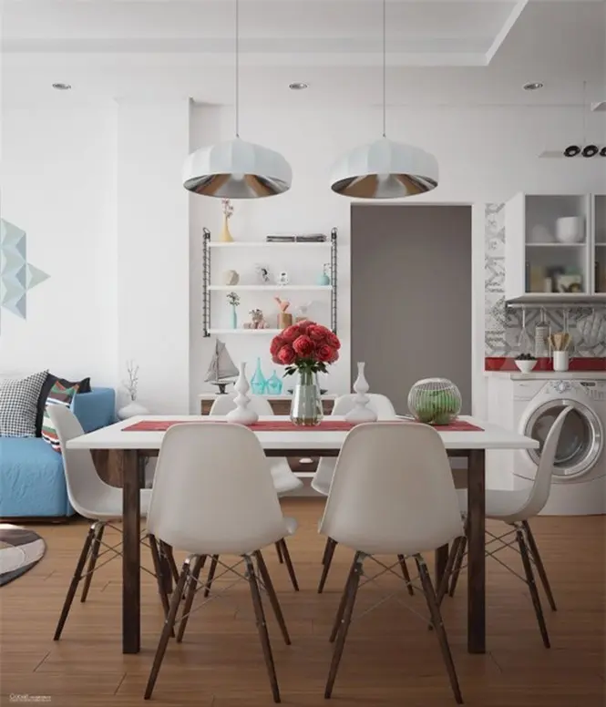 Hai chiếc đèn được treo từ trên trần nhà rủ xuống là điểm nhấn cho phòng ăn