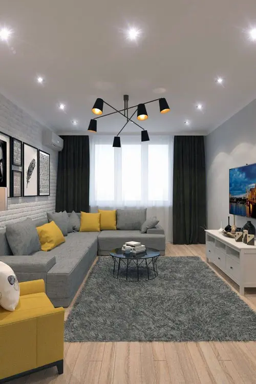 Phòng khách hiện đại đầy phong cách dưới đèn trần và đèn chùm màu đen tạo cảm giác hiện đại