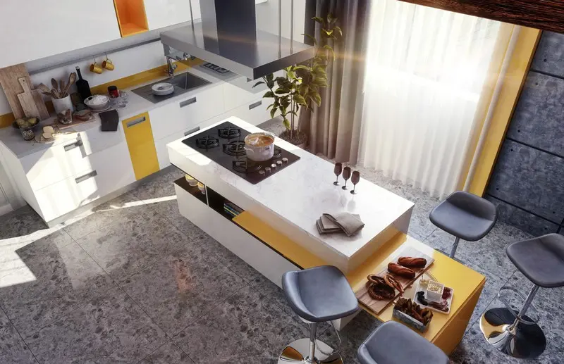 Đảo bếp thường được đặt ở trung tâm của căn bếp, đảo thường được sử dụng để làm bàn ăn sáng, đặt bếp nấu và vòi rửa