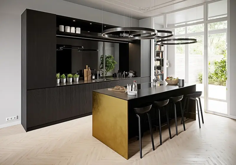 Đèn hình tròn là điểm nhấn biến chiếc đảo bếp đơn giản trở nên có hồn hơn