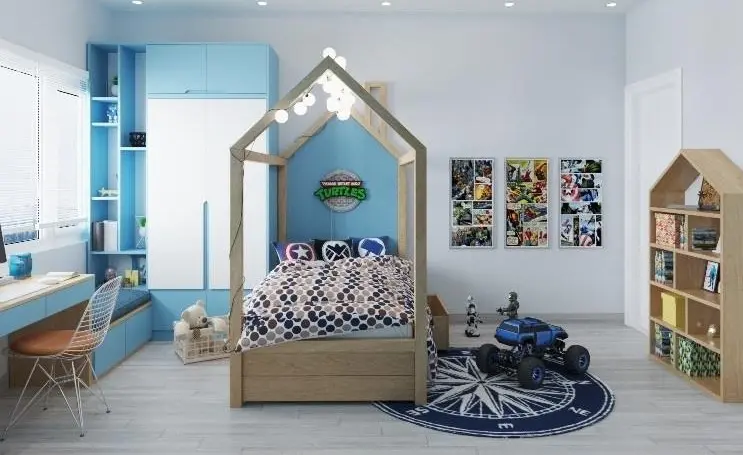 Giường của bé được thiết kế như 1 ngôi nhà nhỏ nổi bật ở vị trí trung tâm, nhấn nhá thêm bởi hệ thống đèn hiện đại càng làm nổi bật cá tính riêng của các bé