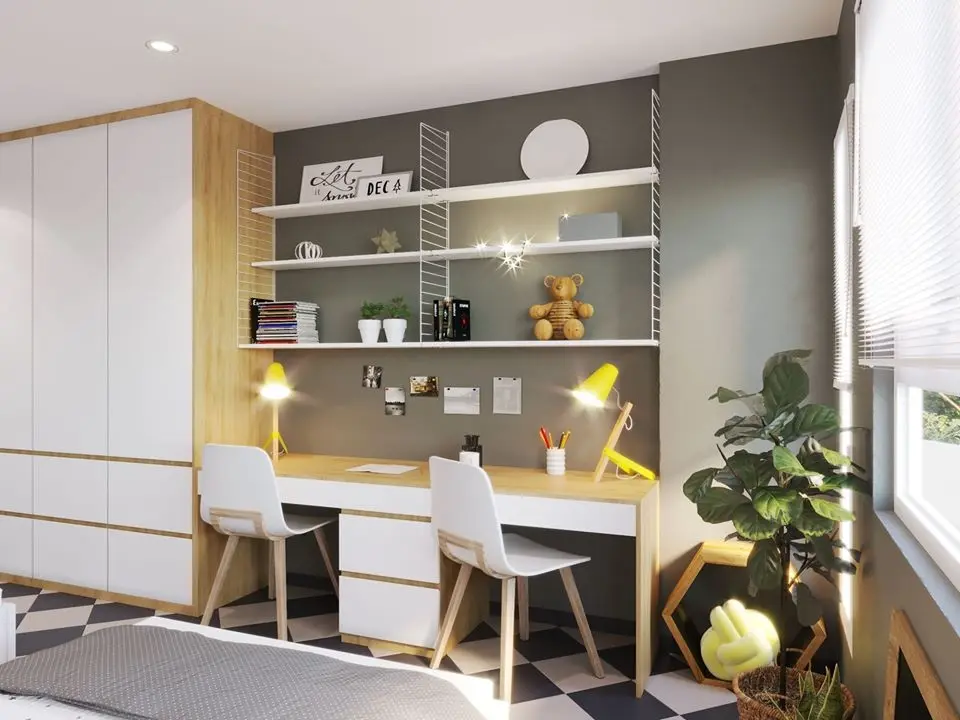 Góc học tập bên cạnh cửa số được bày trí gọn gàng, ngăn nắp khiến không gian phòng tràn ngập ánh sáng, tươi mát