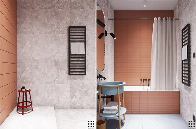 Trắng, hồng và xanh pastel tiếp tục là chủ đề chính trong phòng tắm