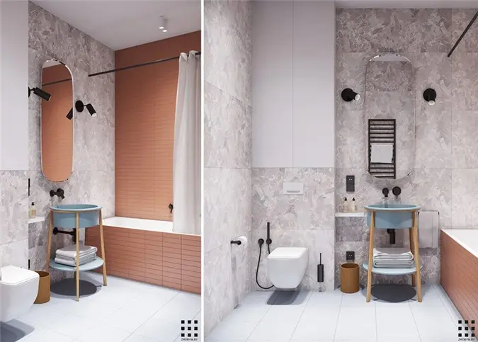 Tường giật cấp dùng để phân chia hợp lý hai khu vực nhà vệ sinh và bồn rửa tay