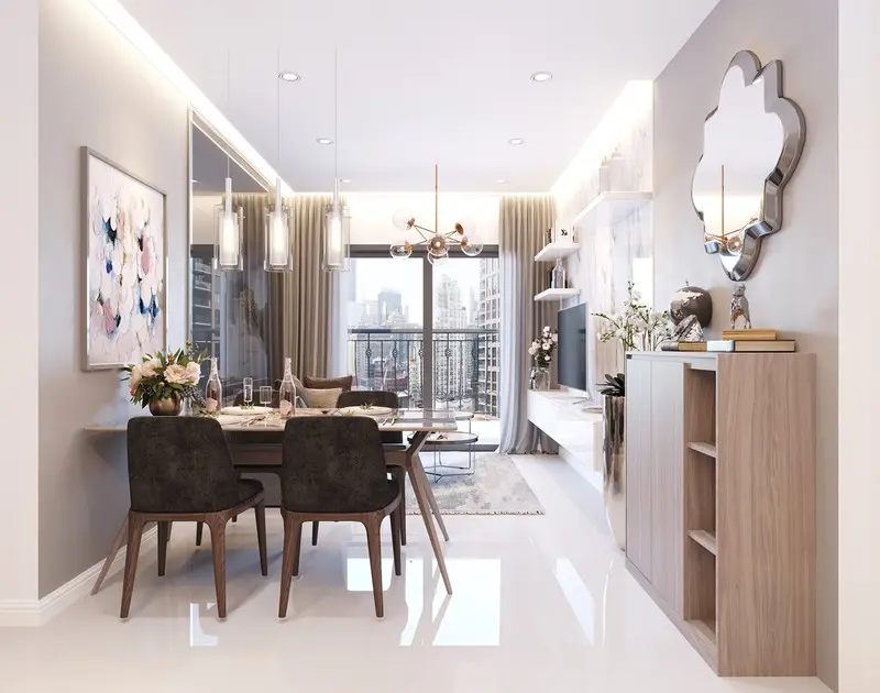 Cũng giống như những căn hộ diện tích nhỏ khác, phòng khách căn hộ 2 phòng ngủ đặt liền kề bàn ăn và nhà bếp, để tiết kiệm diện tích