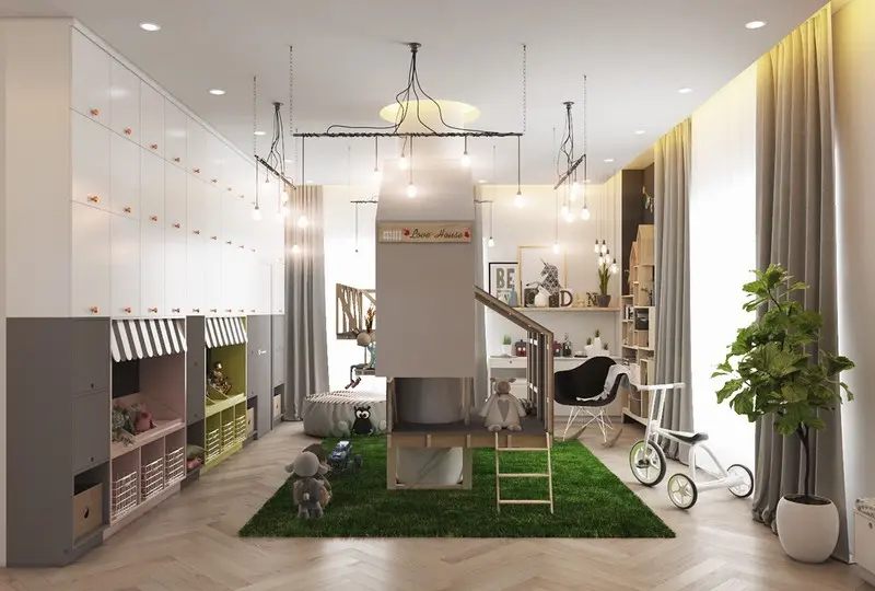 Một ngôi nhà hình trò chơi đặt ở trung tâm căn phòng được bố mẹ ưu tiên cho bé có ước mơ trở thành kỹ sư xây dựng khi lớn lên