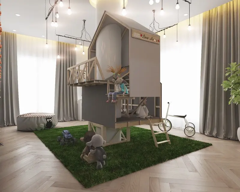 Ngôi nhà mô hình gồm ba tầng, với các phòng riêng và sàn mở để tạo điều kiện cho tất cả các trò vui chơi của bé