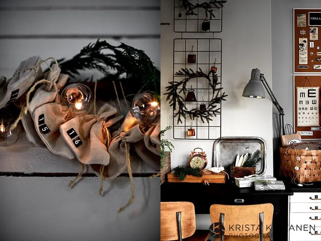 Nếu không thể có được cây thông Noel trang hoàng hãy thử vòng hoa kết từ cành thông trang trí ngay bàn làm việc
