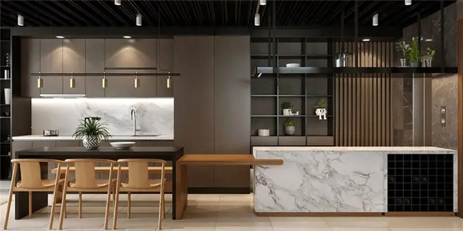 Đảo bếp nối liền với bàn ăn thông qua một chiếc kệ gỗ
