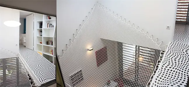 Một cái lưới treo được sử dụng như một cái võng sẽ là khu vực an toàn cho trẻ em vui chơi. Nó cũng đóng vai trò tạo thêm một cái nhìn độc đáo, kết cấu đẹp làm nổi bật không gian nội thất, khiến nó thú vị và hữu ích hơn nhiều.