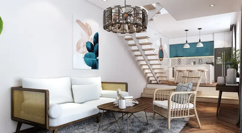 Ghế sofa có khe thoáng khí kết hợp với đèn hình quả, cho phép gia chủ mơ về một không gian sống yên bình, tĩnh lặng