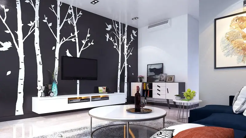 Giấy dán tường sau tivi, sơn màu đen, tạo sự tương phản mạnh mẽ