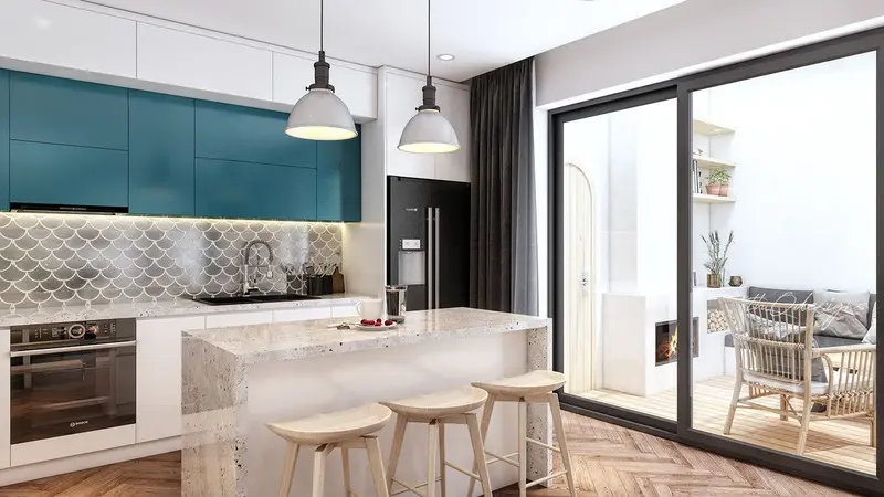 Tủ bếp trên màu xanh ngọc bích là một trong những màu sắc thường được sử dụng trong phong cách nội thất thập niên 70
