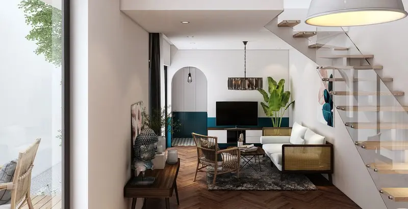 Tủ bếp trên màu xanh ngọc bích là một trong những màu sắc thường được sử dụng trong phong cách nội thất thập niên 70
