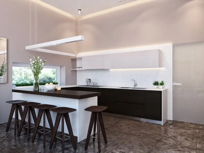 Trong nhà bếp, đá ốp tường nhà bếp màu sáng như những vì sao trên bầu trời
