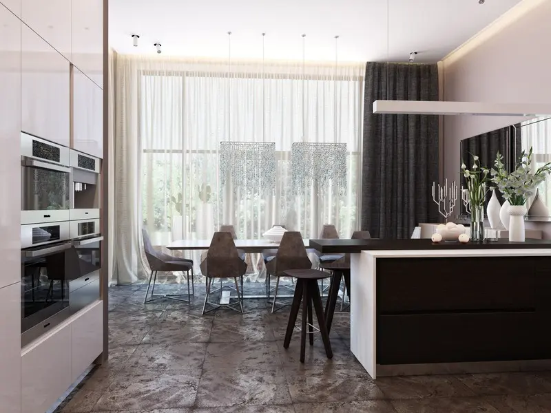 Rèm cửa ngăn khu vực bàn ăn với quầy bar