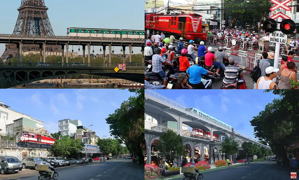 Đường sắt bánh hơi trên cầu 3 tầng tại Paris gợi ý cho phương án nâng tầng đường sắt đi qua trung tâm Hà Nội: giảm giao cắt đường bộ, khai thác tàu bánh hơi trên cao và chuyển đổi gầm cầu đường sắt thành khu phố dịch vụ thương mại.
