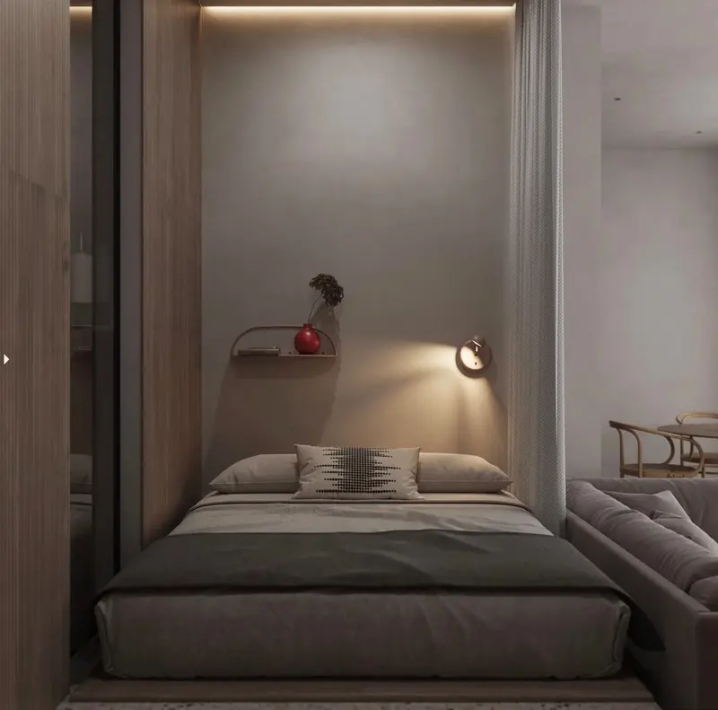 Vì có diện tích nhỏ nên chủ nhà chỉ sử dụng một chiếc đèn cùng kệ nhỏ để trang trí cho căn phòng