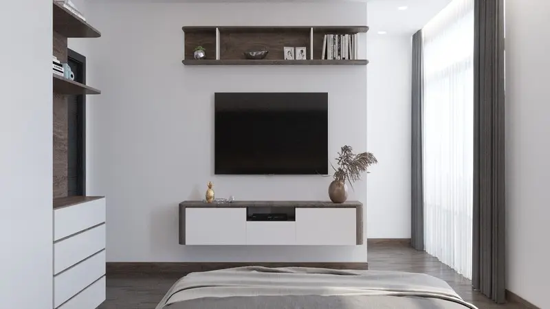 Giá sách, tivi và kệ gắn vào tường tiết kiệm diện tích.