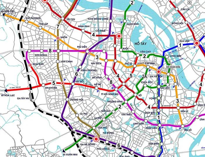 Mạng lưới  ĐSĐT Hà Nội 2030 dày như mạng nhện, trích đoạn phần có tuyến số 3 và tuyến số 5