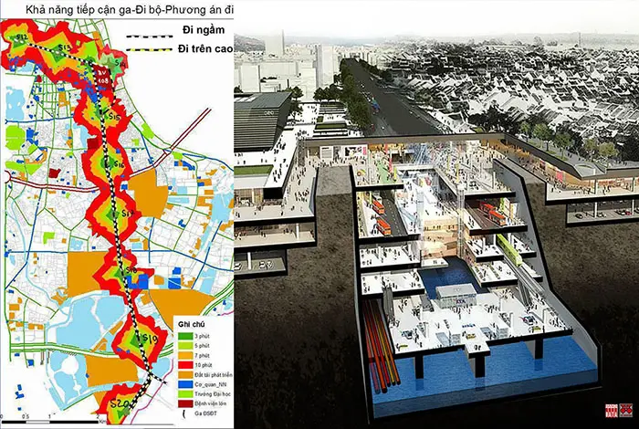 Đề xuất hướng tuyến ĐSĐT số 3.2 : giảm 6Km tunel ngầm  bằng đi trên cao để  giảm 50% chi phí  xây lắp .  Đoạn  đi ngầm cần tích hợp  đa chức năng để chia sẻ chi phí đầu tư, giải phóng mặt đất cho công cộng và bảo tồn khu phố lịch sử. Nguồn: City Solution