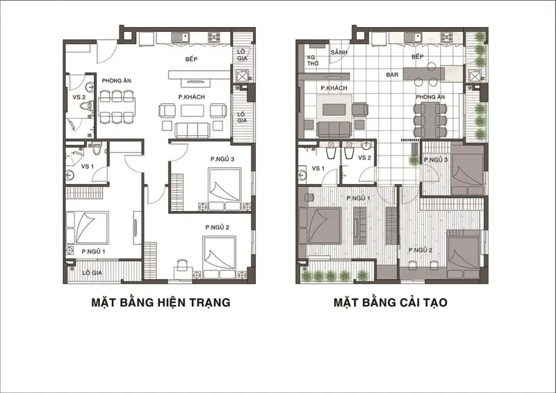 ới mặt bằng hiện trạng, KTS bắt đầu phân chia lại các không gian của căn hộ sao cho rộng rãi và có tính liên kết hơn