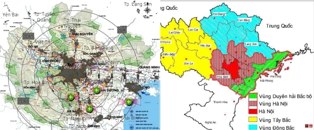 Từ 2013 đến 2020, Vùng Thủ đô từ 6 tỉnh tăng lên 10 tỉnh và đưa về vùng đồng bằng Sông Hồng 15 tỉnh... cho thấy phân vùng thế nào cũng được. Quy hoạch vùng Thủ đô (2016 ) chồng lớp bản đồ vệ tinh ban đêm (Nigth Eartht) tháng 7.2020 cho thấy các đô thị phát triển vẫn bám theo các tuyến giao thông, không theo sơ đồ (ảnh bên trái). Quy hoạch vùng Thủ đô đề xuất 4 sân bay cách nhau 20-30km (ảnh bên phải). Nguồn ảnh minh họa: Hanoidata & Citysolution