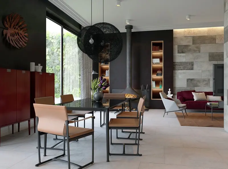 Bàn sắt mặt kính tỏ ra khá hợp gu trong phòng ăn phong cách sang trọng