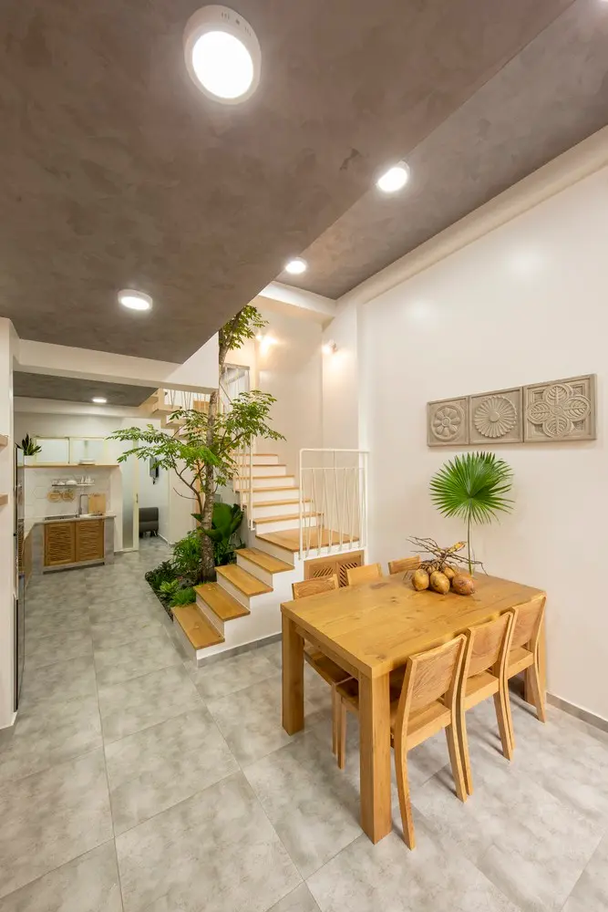 Giữa nhà là cầu thang đi xung quanh cây lớn dưới một mái nhà mờ, chức năng như mảng xanh đem lại sự thoáng mát